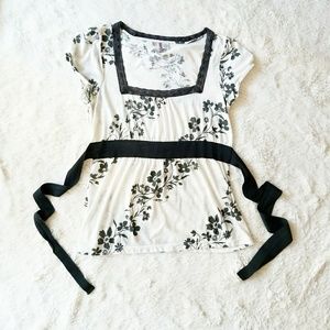 Anthropologie RicRac Floral Cream/Dark Green Top